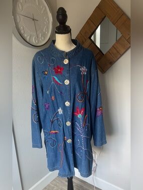 ✨ VINTAGE Indigo Moon Embroidered Longline Denim Shirt Jacket 100% Cotton ✨